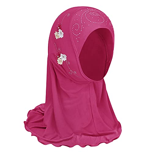 Girls Ice Silk Muslim Khimar Hijab Headscarf Flower Arab Scarf Shawls Neck Wrap Islamic Head Wrap for Age 2-7 Years - color: Style 3-hot Pink