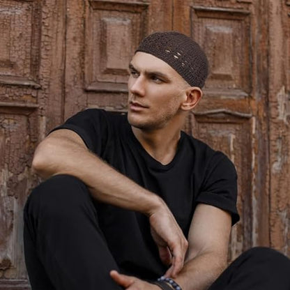 3pcs Knit Kufi Hats for Men Muslim Prayer Cap Islamic Ramadan Eid Taqiyah Cap Koofi Topi Beanie Skull Hat Under Hat - color: Brown