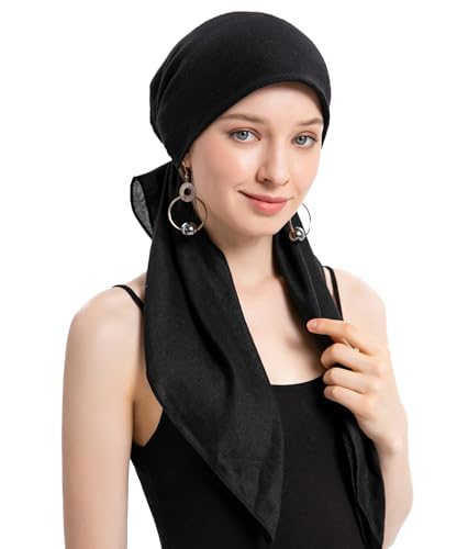 ZLYC Chemo Headwear Long Pre Tied Head Scarf Beanie for Women - color: Solid Black