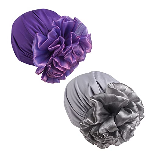 Women Flower Elastic Turban Beanie Head Scarf wrap Chemo Cap hat for Cancer Patient - color: Purple Gray