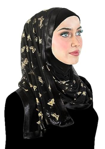 Stylish Mona Hijab Women's Black Kuwaiti with Chiffon Wrap Shawl & Satin Trim - color: Black With Gold Butterflies