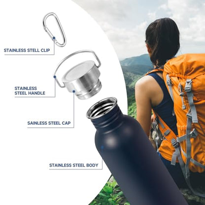Volhoply 26oz Uninsulated Single Walled Water Bottle, Stainless Steel Reusable Water Bottles with Handle & Carabiner, BPA Free Wide Mouth Water Bottles for Gym Sports Camping（Navy,1） - color: Navy