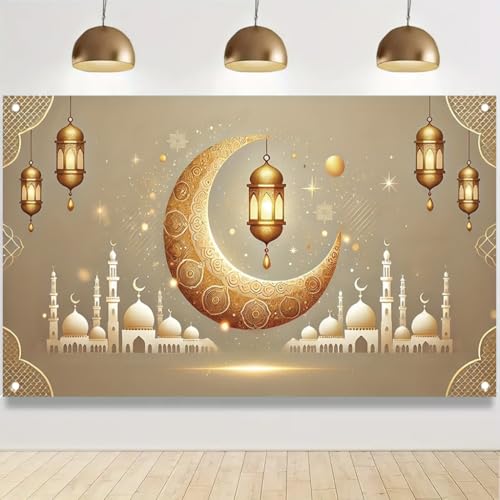 Ramadan Mubarak Banner 71x43 Inch Golden Crescent Moon Mosque Lantern Design For Eid Festival Ramadan Decorations Islamic Party Wall Banner - color: Style 4