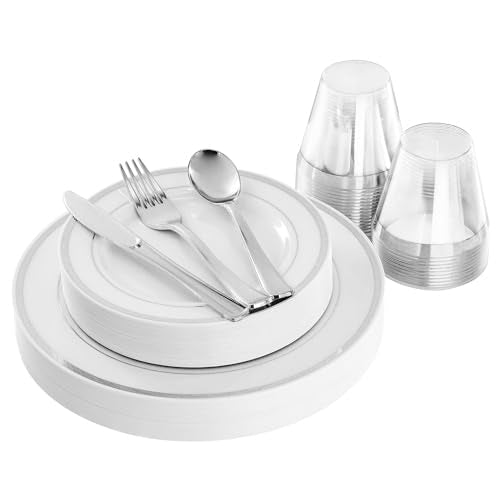 Elama 150 Piece Disposable Plastic Dinnerware Party Set for 25 Guests in White with Silver Trim - color: Silver