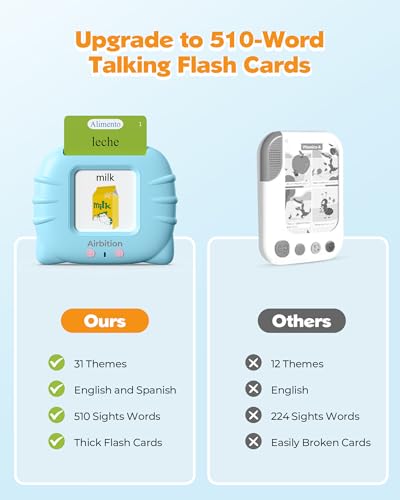 Airbition Bilingual Spanish and English Talking Flash Cards for Ages 2+, Pocket Speech Therapy Toy with 510 Words, Montessori Language Learning Toy, Children's Sensory Learning Kit - style: 510 Words English & Spanish Blue