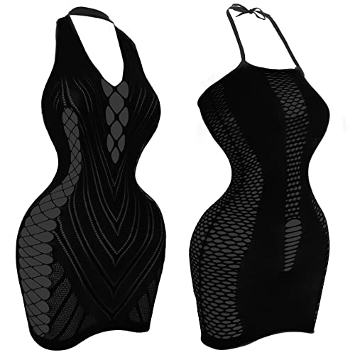 selizo 2 Pack Fishnet Dress for Women, Black Fish Net Lingerie Bodysuit Chemise Nighty Women's Mesh Lace Dress, One Size Fits All