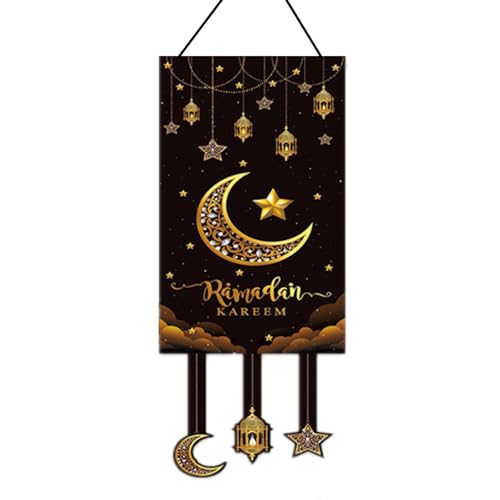 Ramadan Mubarak Hanging Door Sign 15.7" X 39.3", Muslim Eid Heterotype Hanging Canvas Flag for Umrah Hajj Eid Festival Celebration Home Wall Decorations Black