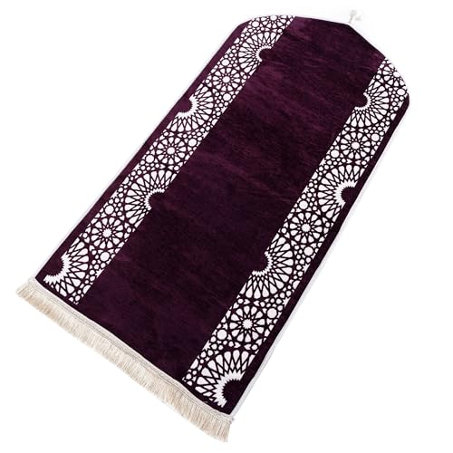 Modefa Turkish Islamic Prayer Mat - Chenille with Foam and Carrying Bag - Intricate Praying Rug Ramadan Eid Gift - Traditional Muslim Janamaz Seccade for Men Women - Mustaqim (Purple) - color: Purple