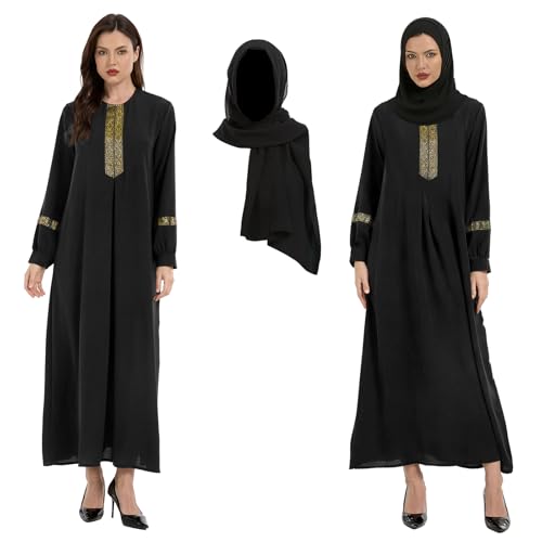 GYQMBT Womens Muslim Printed Abaya,Long Sleeve Zipper Islamic Robe Prayer Clothes with Hijabs - color: Black, size: Large