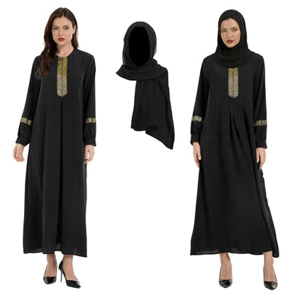 GYQMBT Womens Muslim Printed Abaya,Long Sleeve Zipper Islamic Robe Prayer Clothes with Hijabs - color: Black, size: Small