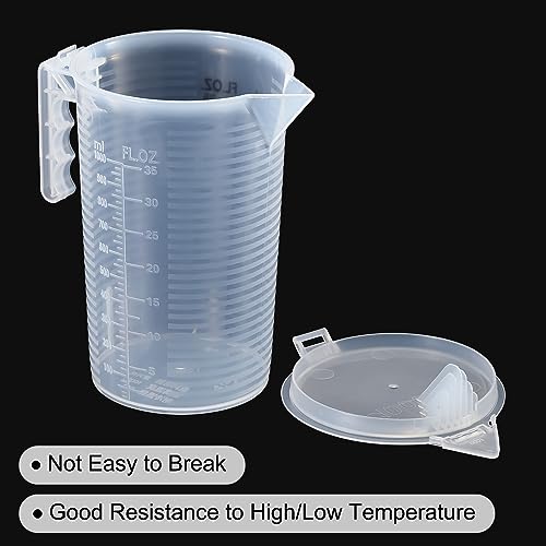 PATIKIL Graduated Beaker, 2 Pack 1000ml PP Plastic Liquid Measuring Cup Double Sided Black Graduations with Handle Lid and Spout for Lab Kitchen Home - size: 1000ml
