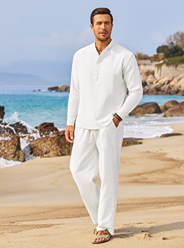 COOFANDY Men's 2 Pieces Cotton Linen Set Long Sleeve Henley Shirts Casual Beach Pants With Pockets Summer Yoga Outfits - color: All White, size: 3X-Large