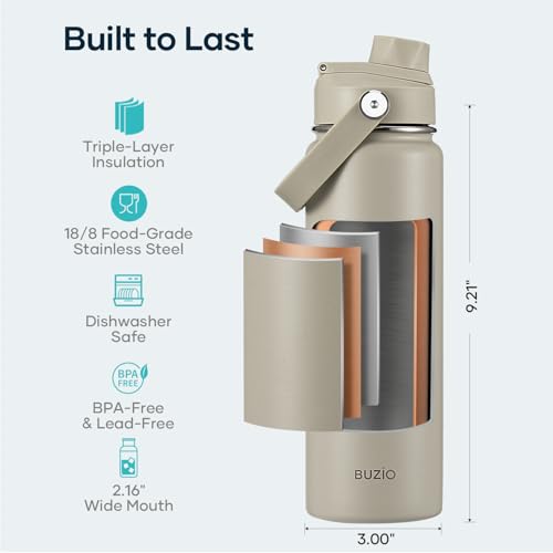 BUZIO 24 oz Water Bottle Insulated, Leakproof Stainless Steel Flask (Cold for 48 Hrs), Wide Mouth BPA-Free Metal Thermo Hydro Canteen with 2 Lids, Greige - color: Greige, size: 24 Ounces