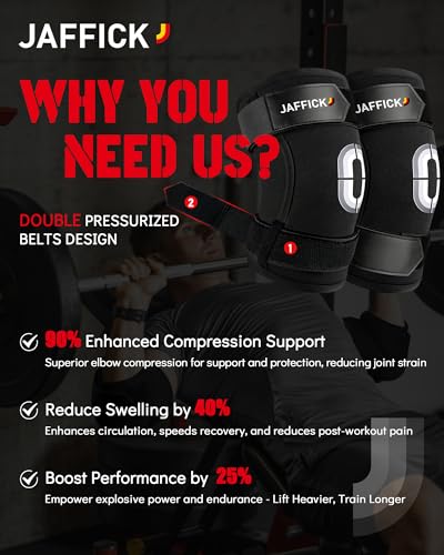 Jaffick Weightlifting Elbow Brace(1 Pair) - Elbow Sleeve with Dual Adjustable Compression Straps for Bench Press, Powerlifting, Pressing, Men & Women (Black, L) - size: L