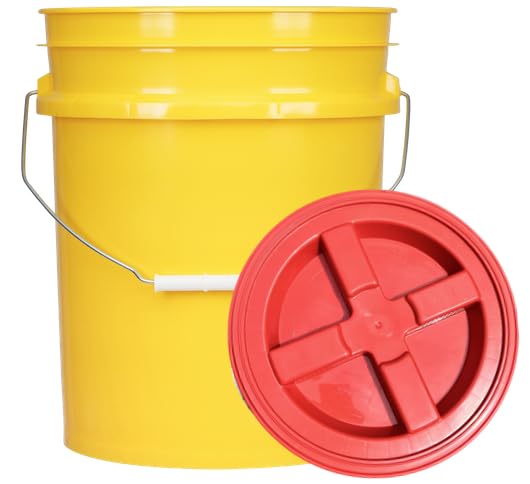 5 Gallon Food Grade Plastic Bucket with Air Tight Screw on Lid Made in USA Container (Yellow Bucket with Red Lid) - color: Yellow Bucket With Red Lid