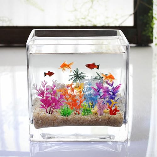 QUOZUO Fish Tank Decorations Plants with Resin Coral, 8 pcs Aquarium Decorations Small Plants Plastic, Fish Tank Accessories Aquarium Decor