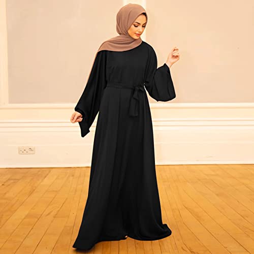 Prayer Dress for Women Muslim Long Sleeve A Line Elegant Maxi Dress Casual Wedding Party Maxi Dresses with Belt - color: Black, size: Small