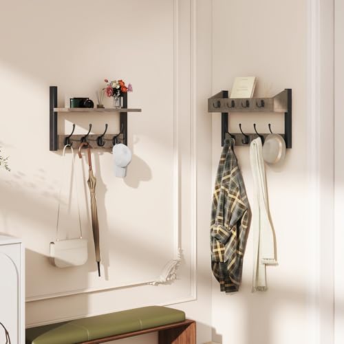 YMYNY 31.5" Coat Rack Wall Mount with Shelf, 4 in 1 Key and Coat Hanger with 12 Metal Hooks, Wall Shelf with Hooks & Mail Holder for Living Room, Bedroom, Silver Gray, HWS007Y-2 - color: Silver Gray, size: 31.5" - 4-in-1
