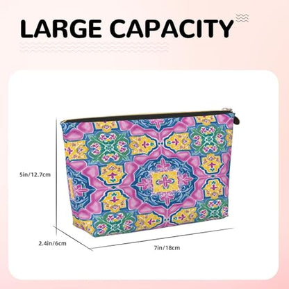 Leather Makeup Bag for Purse, Waterproof Small Toiletry Bag with Zipper, Cute Cosmetic Bags for Women, Pink Blue Islamic Pattern Travel Pouch - color: Pink Blue Islamic Pattern