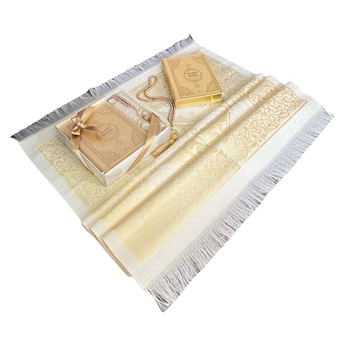 English Translate Thermo Leather Covered Quran, Tafta Prayer Mat and Beads Set |Quran Size: 17 * 20 cm / 5.5 * 7.9 inc | Muslim Prayer Mat | Great Ramadan Gifts for Muslim Men,Women(Gold,1 Sets) - color: Gold, size: 6" x 8" (Rectangular)