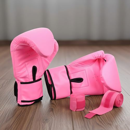 Junkin 6 Pcs Boxing Set 1 Pair of 16oz Gloves and 4 Pcs 118 in Hand Wraps for Adult Boxing Training Shockproof Gloves Training Beginner Practice Muay Thai Kickboxing Gift - color: Hot Pink