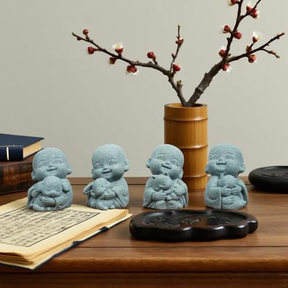4pcs Mini Buddha Statue with Animal Companion, Aquarium Decor, Feng Shui Zen Monk Sandstone Sculpture, Cute Small Fish Tank Ornament for Home Garden, Buddha Decoration