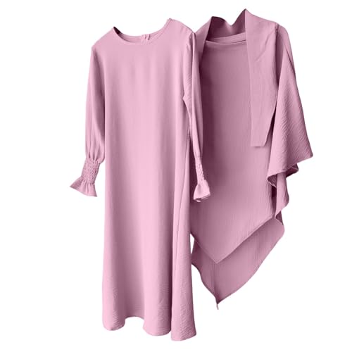 Muslim Clothes for Toddler Girls Long Sleeve Abaya with Hijab Two Piece Kids Prayer Dress Maxi Islamic Scarf Kaftan - color: Pink, size: 7-8 Years