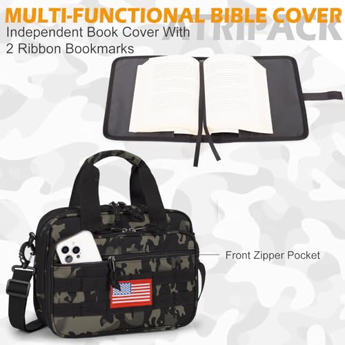 ATRIPACK Tactical Large Bible Cover for Men,Double Layer Bibles Bag With Detachable Book Carrying Case, Covers for Bible Organizer with Zippered Pockets,Church Case with Handle. - color: camo black