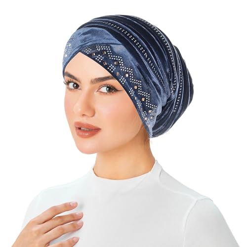 Rhinestone Hijab Turban Hats for Women Beanies Bandana Headwrap Cap Beanies Headwear Headscarf Undercap Turban Hat - color: Blue