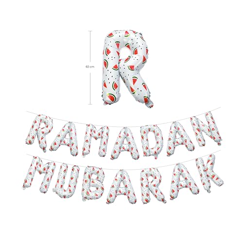 White Watermelon Ramadan Mubarak Foil Letter Balloons | Ramadan Palestine Themed Decoration by My Salah Mat Official Web Store - style: Ramadan Foil Balloons (White)