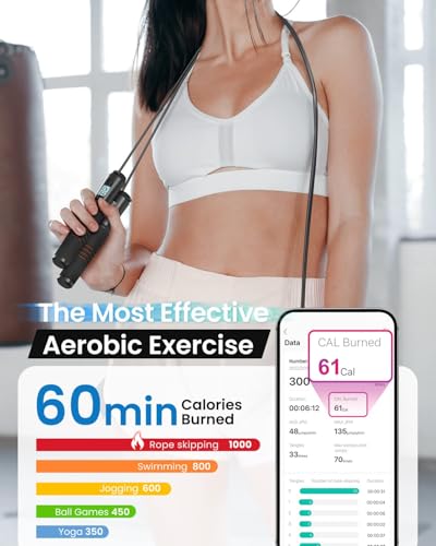 RENPHO Smart Jump Rope with Counter, App Data Tracking, LCD Display | App Data Storage & Analysis, Tangle-Free Design, Adjustable Workout Rope, Fitness Training for Crossfit, Gym & MMA - color: C-Black Steel wire rope 1 pc