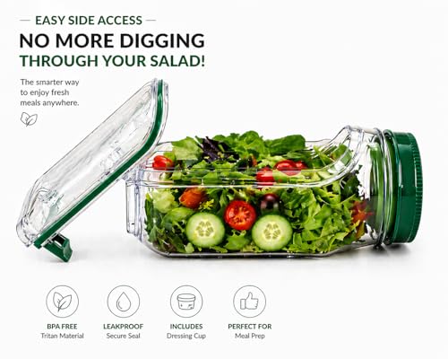 Salad Pod Mason Jar with Side Opening, Leakproof Salad Container for Lunch To Go, Portable Salad Shaker Jar with Dressing Cup, BPA-Free 34oz, Dishwasher & Microwave Safe
