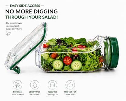 Salad Pod Mason Jar with Side Opening, Leakproof Salad Container for Lunch To Go, Portable Salad Shaker Jar with Dressing Cup, BPA-Free 34oz, Dishwasher & Microwave Safe