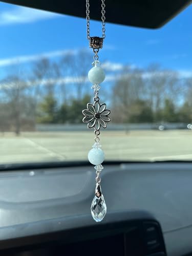 Flower Rear View Mirror Car Charms,Crystal Boho Car Mirror Hanging Decor for Women Men Healing Blue Aquamarine Sun Catcher Cute Decorations Accessories