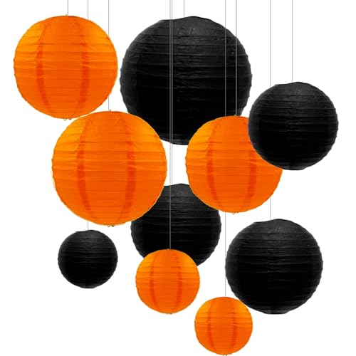 ZOOYOO 10Pcs Paper Lanterns,Black Orange Round Hanging Tissue Paper Lanterns Decorations for Kids Birthday,Graduation,Halloween,Theme Party Garden Home Decor - color: Black Orange