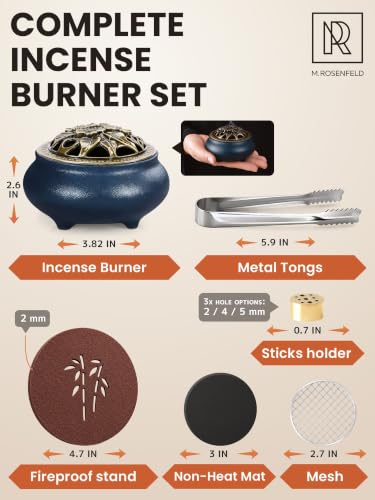 Frankincense Resin Incense Burner Set and Censer with Ash Catcher – Incense Holder for Charcoal, Sticks & Cones | Heat-Resistant Metal Design for Home, Meditation, Yoga - color: Burner Blue