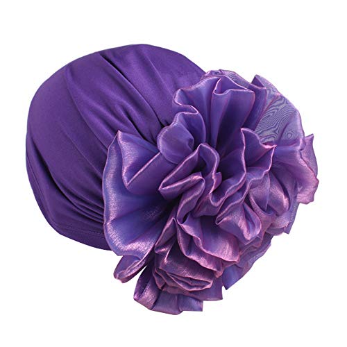 Women Flower Elastic Turban Beanie Head Scarf wrap Chemo Cap hat for Cancer Patient - color: Purple