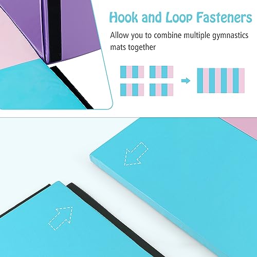 GYMAX Gymnastics Mat, 4 FT x 8 FT x 2 Inches Folding Exercise Mat w/Carry Handles & Sturdy Stitching Waterproof Cover, Tumbling Mat for Yoga Stretching Martial Arts Home Gym - color: Pink & Blue