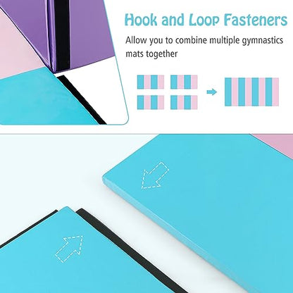GYMAX Gymnastics Mat, 4 FT x 8 FT x 2 Inches Folding Exercise Mat w/Carry Handles & Sturdy Stitching Waterproof Cover, Tumbling Mat for Yoga Stretching Martial Arts Home Gym - color: Pink & Blue