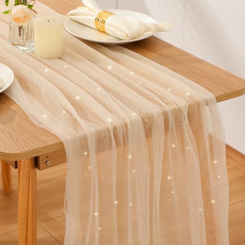 1 Pc Gauze Table Runner 10 ft, Champagne Gold Metallic Foil Sheer Glitter Table Runners for Wedding Reception Birthday Graduation Anniversary Party - color: White