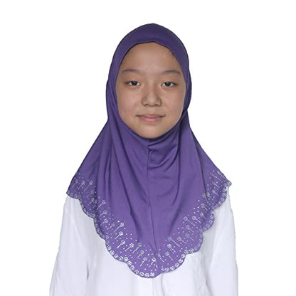 Girls Hijab with Rhinestones – Sparkly Non-Slip Amira Scarf for Kids, for Daily Prayer, School, Ramadan & Eid (Ages 4-12) - color: Purple-wavy Edge