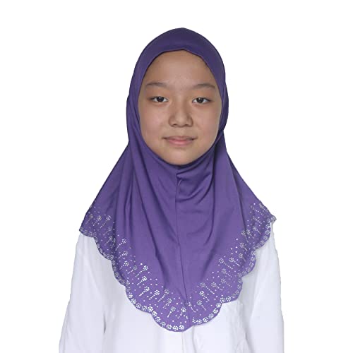 Girls Hijab with Rhinestones – Sparkly Non-Slip Amira Scarf for Kids, for Daily Prayer, School, Ramadan & Eid (Ages 4-12) - color: Purple-wavy Edge