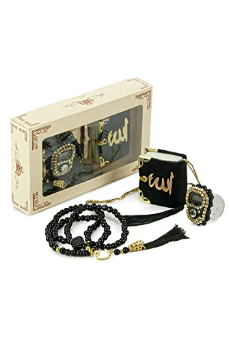 İhvan Online Mini Velvet Quran Set with Islamic Finger Counter, Portable Digital Tasbeeh, Muslim Prayer Beads, Pearl Zikirmatic Beads, 3 Pieces Gift Set for Mevlüt (Black) - color: Black