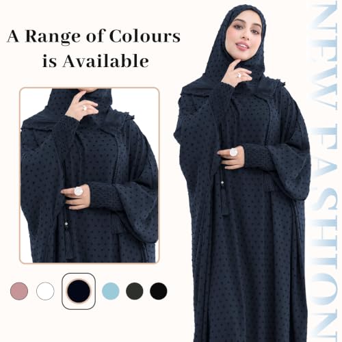 Polka Dot Abaya| Hooded Abaya for Muslim Women| 1pc Hoody Dress| Maxi Dress - color: Dark Blue, size: Size 2