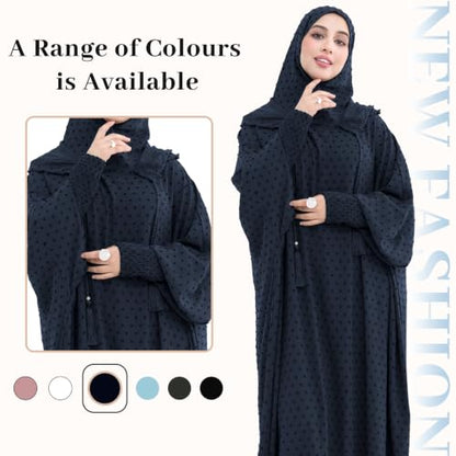 Polka Dot Abaya| Hooded Abaya for Muslim Women| 1pc Hoody Dress| Maxi Dress - color: Dark Blue, size: Size 2