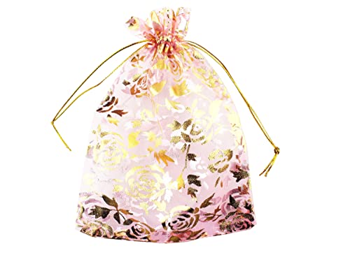 100 Pack 5 x 7 Inch Organza Jewelry Gift Pouch B381, Pink Flower - color: pink flower