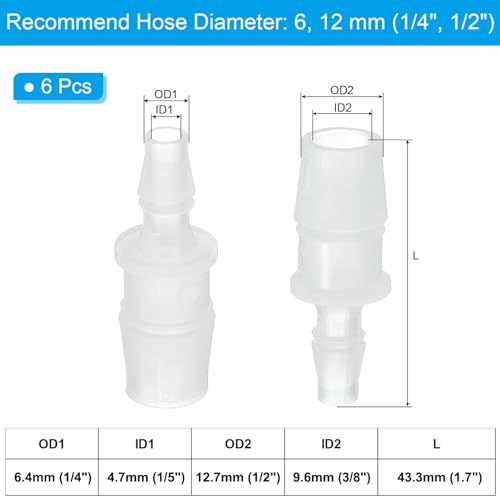 PATIKIL 1/4" to 1/2" 6 Pcs Plastic Hose Barb Fittings, Reducer Tube Fittings Pipe Adapter Union Splicer Joint Kit for Air Gas Water System Liquid Fuel Line Aquarium Tube Pump - size: 1/4"-1/2",(0.61"x1.7")