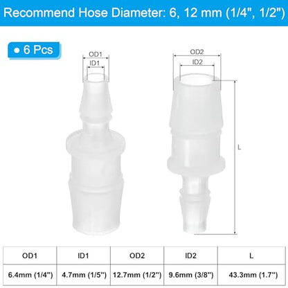 PATIKIL 1/4" to 1/2" 6 Pcs Plastic Hose Barb Fittings, Reducer Tube Fittings Pipe Adapter Union Splicer Joint Kit for Air Gas Water System Liquid Fuel Line Aquarium Tube Pump - size: 1/4"-1/2",(0.61"x1.7")