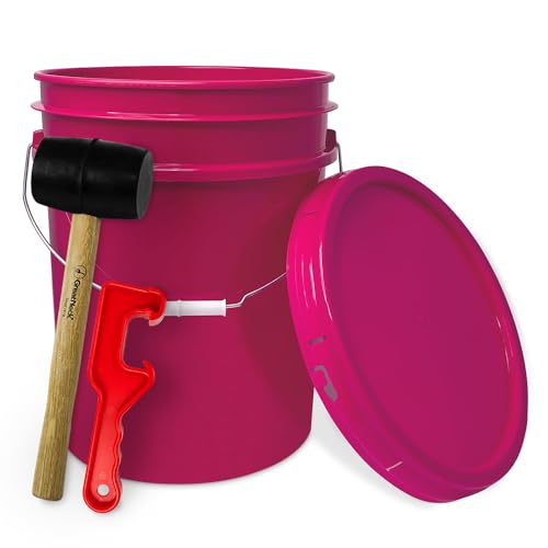 5 Gallon Bucket w/Lid, Food Grade BPA-Free, 1 Pack, Pink | Airtight Lid, Mallet and Lid Opener Included, Heavy-Duty 90 Mil HDPE Plastic, Food-Safe Durable Container, Made in USA - color: Pink, size: 1 Pack