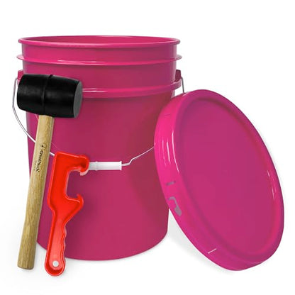 5 Gallon Bucket w/Lid, Food Grade BPA-Free, 1 Pack, Pink | Airtight Lid, Mallet and Lid Opener Included, Heavy-Duty 90 Mil HDPE Plastic, Food-Safe Durable Container, Made in USA - color: Pink, size: 1 Pack
